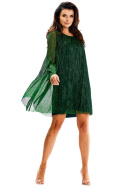 Sukienka mini z siatki połyskująca luźna zwiewna długi rękaw zielona A628