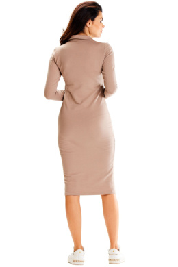 Sukienka midi dopasowana elastyczna dresowa długi rękaw brązowa A605