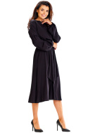 Sukienka midi rozkloszowana w pasie dopasowana gumką i szarfą czarna A602