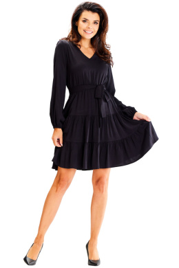 Sukienka mini z falbanami rozkloszowana pasek dekolt V czarna A603