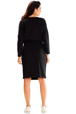 Sukienka dresowa midi luźna wiązana w pasie kieszenie długi rękaw czarna A606