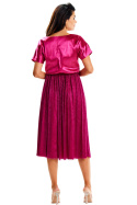 Sukienka midi z krótkim rękawem rozkloszowana gumka w pasie fuksja A627