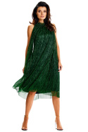 Sukienka midi z siatki lekka bez rękawów dekolt halter pasek zielona A629