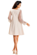 Sukienka trapezowa mini elegancka zwiewna długi rękaw beżowa A622