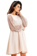 Sukienka trapezowa mini elegancka zwiewna długi rękaw beżowa A622