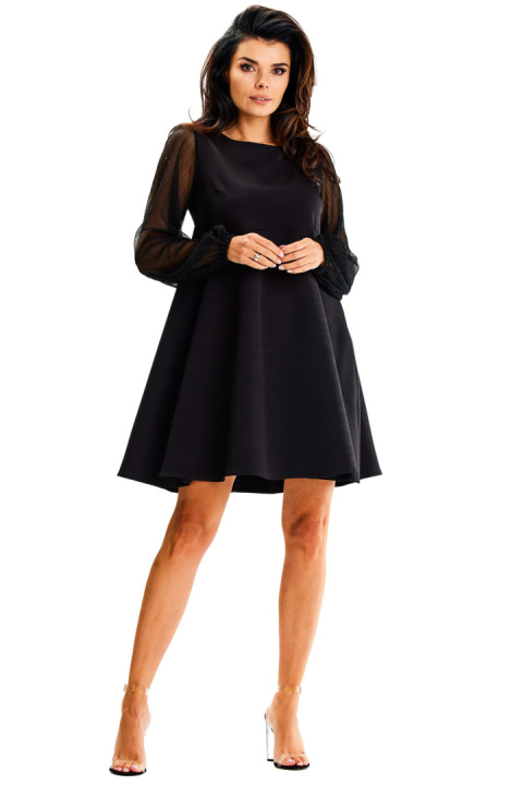 Sukienka trapezowa mini elegancka zwiewna długi rękaw czarna A622 Sukienka trapezowa mini elegancka zwiewna długi rękaw czarna A622