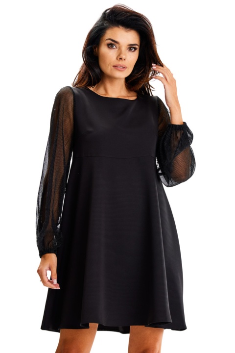 Sukienka trapezowa mini elegancka zwiewna długi rękaw czarna A622 Sukienka trapezowa mini elegancka zwiewna długi rękaw czarna A622