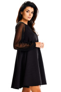 Sukienka trapezowa mini elegancka zwiewna długi rękaw czarna A622