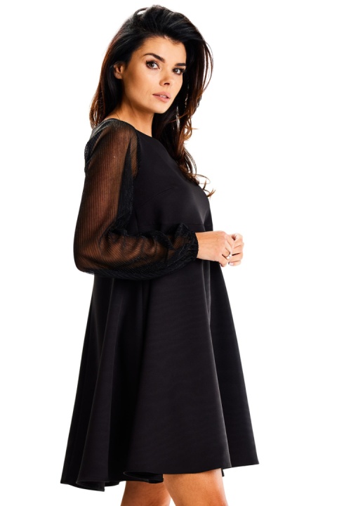 Sukienka trapezowa mini elegancka zwiewna długi rękaw czarna A622 Sukienka trapezowa mini elegancka zwiewna długi rękaw czarna A622