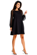 Sukienka trapezowa mini elegancka zwiewna długi rękaw czarna A622