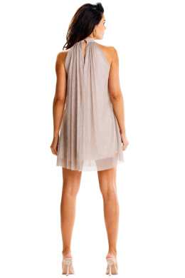 Sukienka mini z siatki bez rękawów elegancka ze stójką zwiewna beżowa A623