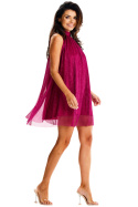 Sukienka mini z siatki bez rękawów elegancka ze stójką zwiewna fuksja A623