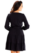 Sukienka mini z falbanami rozkloszowana pasek dekolt V czarna A603