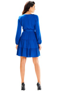 Sukienka mini z falbanami rozkloszowana pasek dekolt V niebieska A603