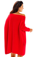 Sukienka swetrowa mini oversize szeroki dekolt długi rękaw czerwona A618