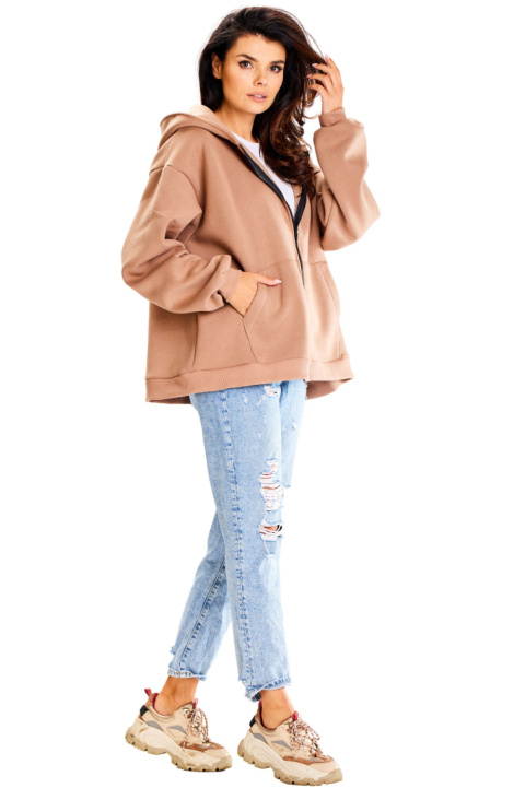 Bluza damska oversize dresowa rozpinana z kapturem bawełniana beżowa A610 Bluza damska oversize dresowa rozpinana z kapturem bawełniana beżowa A610