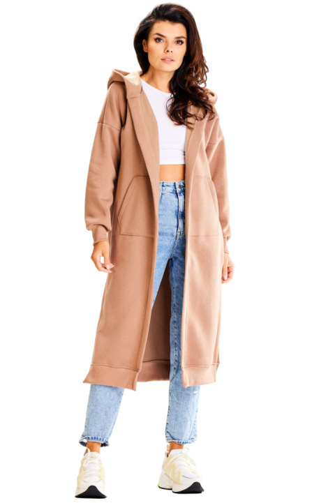 Bluza damska długa z kapturem dresowa z kieszeniami bawełniana beżowa A613 Bluza damska długa z kapturem dresowa z kieszeniami bawełniana beżowa A613