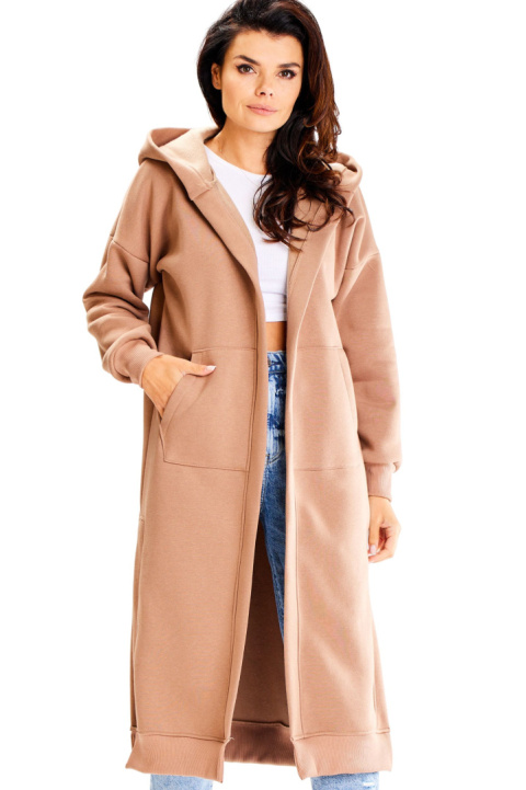 Bluza damska długa z kapturem dresowa z kieszeniami bawełniana beżowa A613 Bluza damska długa z kapturem dresowa z kieszeniami bawełniana beżowa A613
