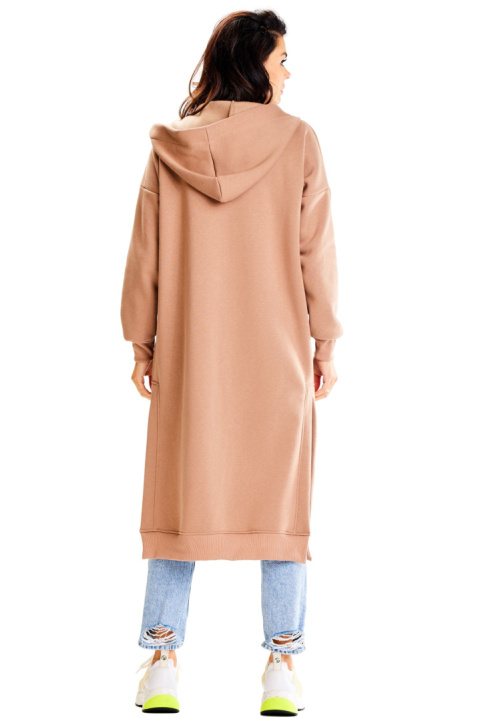 Bluza damska długa z kapturem dresowa z kieszeniami bawełniana beżowa A613 Bluza damska długa z kapturem dresowa z kieszeniami bawełniana beżowa A613