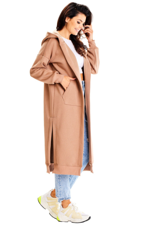 Bluza damska długa z kapturem dresowa z kieszeniami bawełniana beżowa A613 Bluza damska długa z kapturem dresowa z kieszeniami bawełniana beżowa A613