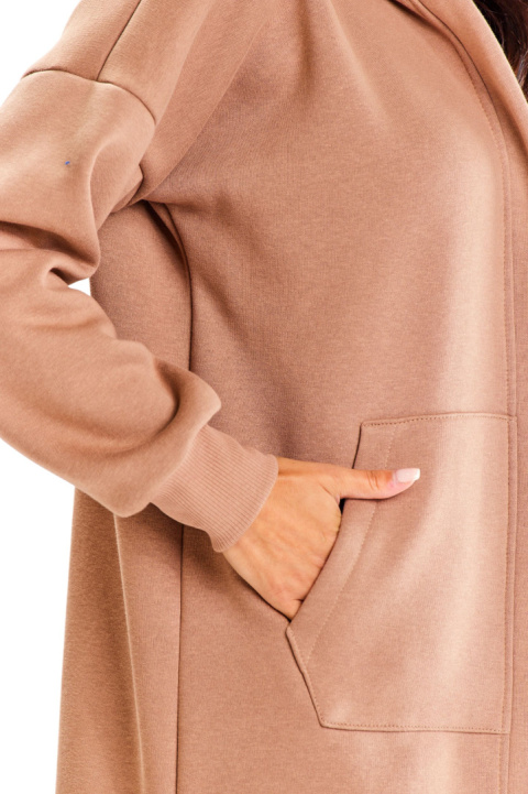 Bluza damska długa z kapturem dresowa z kieszeniami bawełniana beżowa A613 Bluza damska długa z kapturem dresowa z kieszeniami bawełniana beżowa A613