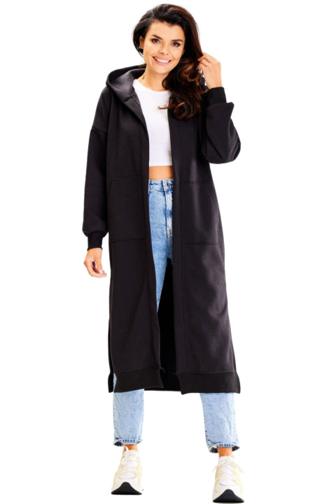 Bluza damska długa z kapturem dresowa z kieszeniami bawełniana czarna A613 Bluza damska długa z kapturem dresowa z kieszeniami bawełniana czarna A613