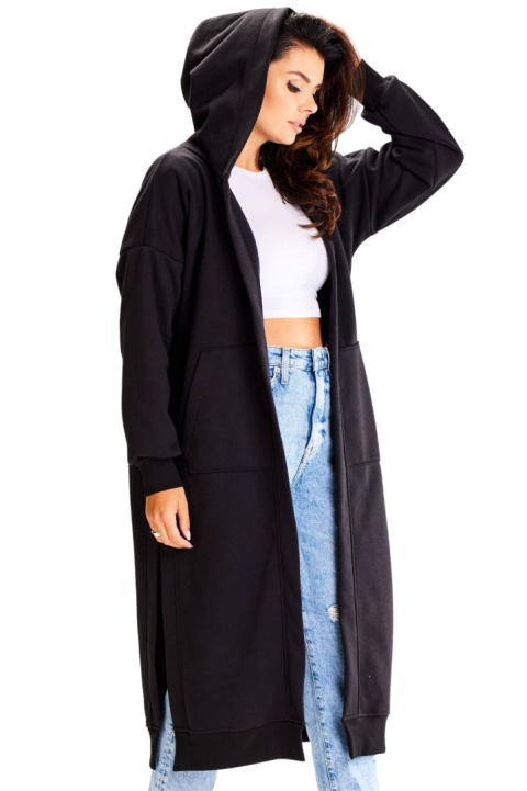 Bluza damska długa z kapturem dresowa z kieszeniami bawełniana czarna A613 Bluza damska długa z kapturem dresowa z kieszeniami bawełniana czarna A613