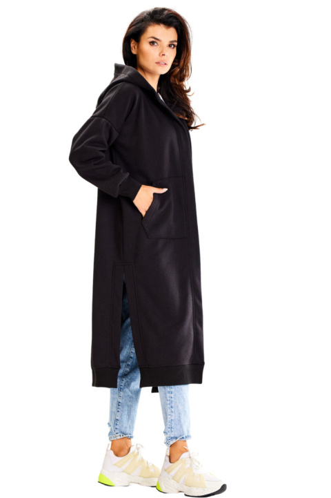 Bluza damska długa z kapturem dresowa z kieszeniami bawełniana czarna A613 Bluza damska długa z kapturem dresowa z kieszeniami bawełniana czarna A613