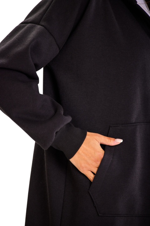 Bluza damska długa z kapturem dresowa z kieszeniami bawełniana czarna A613 Bluza damska długa z kapturem dresowa z kieszeniami bawełniana czarna A613