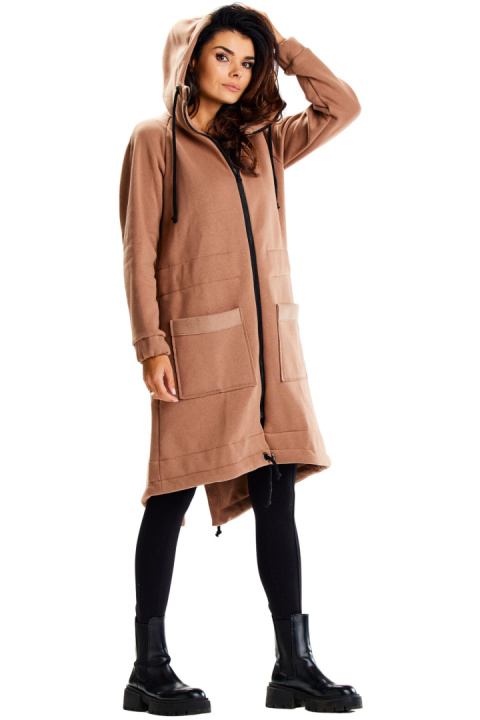 Bluza damska długa dresowa z kapturem rozpinana z kieszeniami beżowa M333 Bluza damska długa dresowa z kapturem rozpinana z kieszeniami beżowa M333