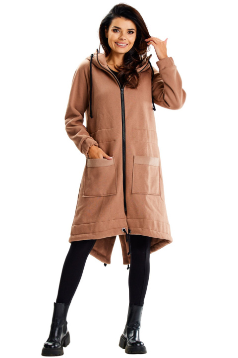 Bluza damska długa dresowa z kapturem rozpinana z kieszeniami beżowa M333 Bluza damska długa dresowa z kapturem rozpinana z kieszeniami beżowa M333