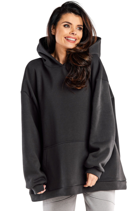 Bluza damska oversize dresowa z kapturem kieszeń kangurka grafitowa M323 Bluza damska oversize dresowa z kapturem kieszeń kangurka grafitowa M323