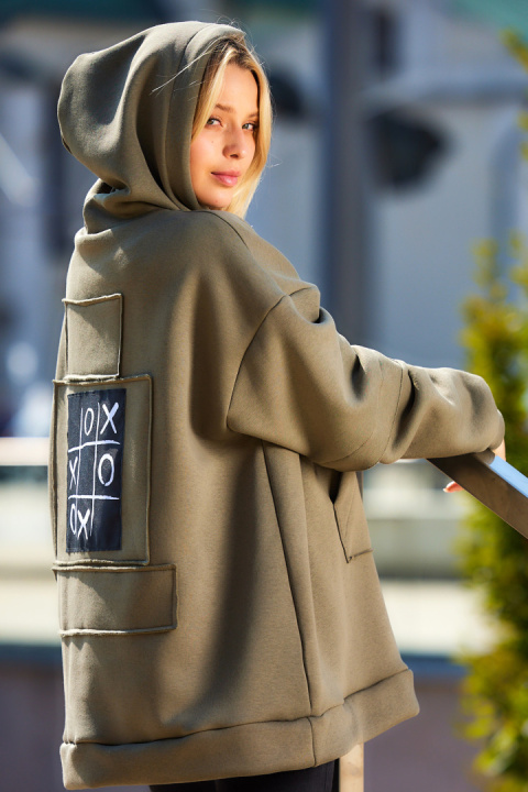 Bluza damska oversize dresowa z kapturem kieszeń kangurka khaki M332 Bluza damska oversize dresowa z kapturem kieszeń kangurka khaki M332