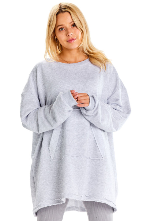 Bluza damska oversize dresowa luźna kieszeń kangurka szara M335 Bluza damska oversize dresowa luźna kieszeń kangurka szara M335