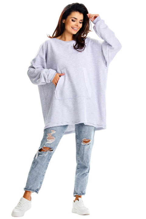 Bluza damska oversize dresowa luźna kieszeń kangurka szara M335 Bluza damska oversize dresowa luźna kieszeń kangurka szara M335