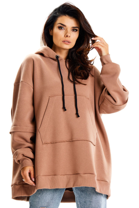 Bluza damska oversize dresowa z kapturem kieszeń kangurka beżowa M332 Bluza damska oversize dresowa z kapturem kieszeń kangurka beżowa M332