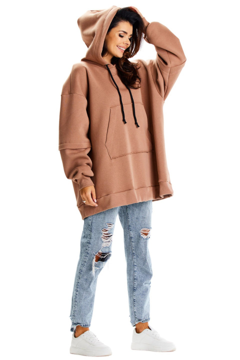 Bluza damska oversize dresowa z kapturem kieszeń kangurka beżowa M332 Bluza damska oversize dresowa z kapturem kieszeń kangurka beżowa M332