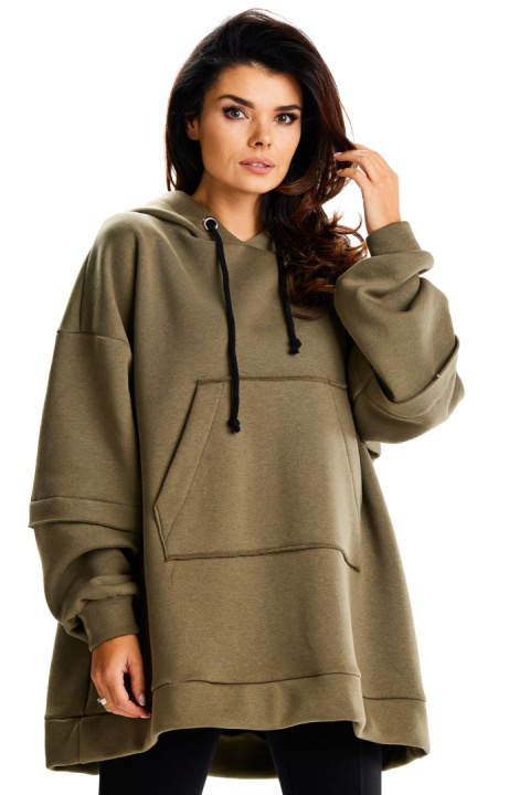 Bluza damska oversize dresowa z kapturem kieszeń kangurka khaki M332