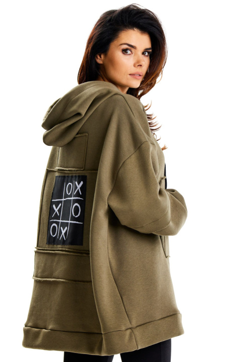 Bluza damska oversize dresowa z kapturem kieszeń kangurka khaki M332 Bluza damska oversize dresowa z kapturem kieszeń kangurka khaki M332