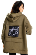 Bluza damska oversize dresowa z kapturem kieszeń kangurka khaki M332