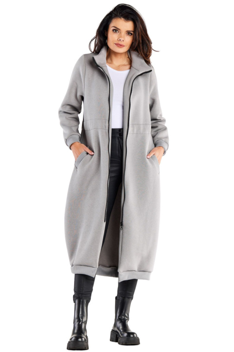 Bluza damska długa dresowa rozpinana kieszenie wiązana w pasie szara M326 Bluza damska długa dresowa rozpinana kieszenie wiązana w pasie szara M326