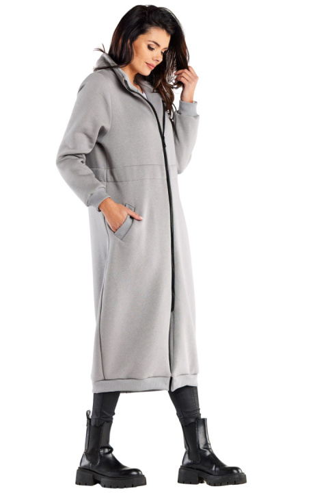 Bluza damska długa dresowa rozpinana kieszenie wiązana w pasie szara M326 Bluza damska długa dresowa rozpinana kieszenie wiązana w pasie szara M326