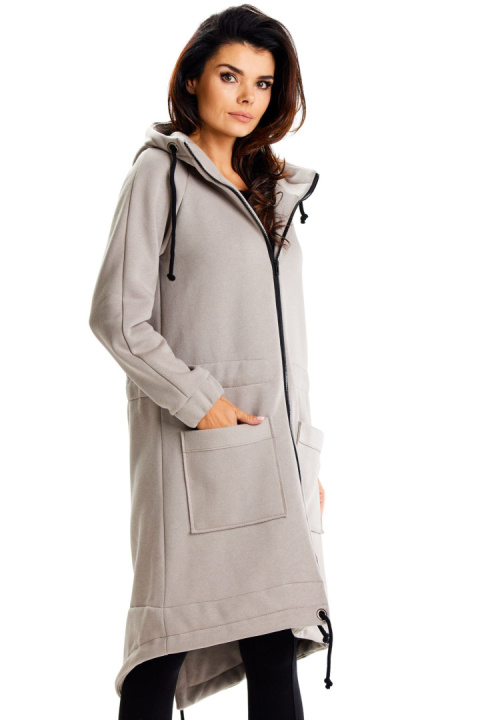 Bluza damska długa dresowa z kapturem rozpinana z kieszeniami szara M333 Bluza damska długa dresowa z kapturem rozpinana z kieszeniami szara M333