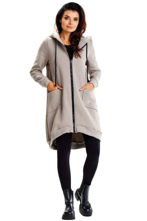 Bluza damska z kapturem dresowa luźna z kieszeniami rozpinana szara M334 Bluza damska z kapturem dresowa luźna z kieszeniami rozpinana szara M334