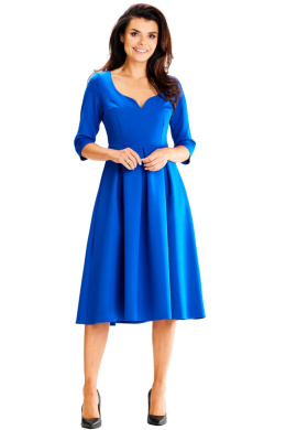 Elegancka sukienka midi rozkloszowana dopasowana głęboki dekolt M niebieska A598