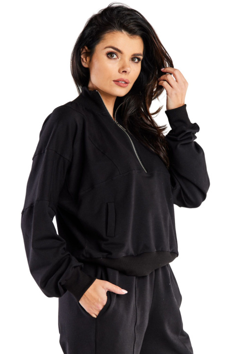 Bluza damska dresowa z wysokim kołnierzem rozpinana bawełniana czarna M316 Bluza damska dresowa z wysokim kołnierzem rozpinana bawełniana czarna M316