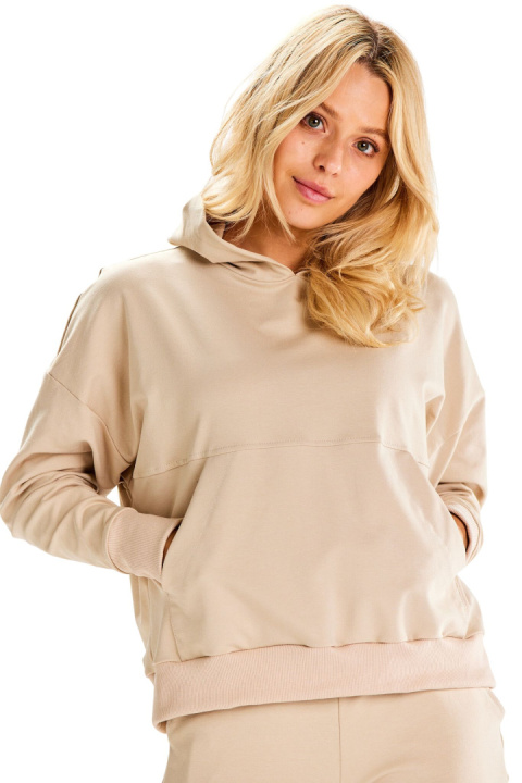 Bluza damska dresowa luźna z kapturem kieszeń kangurka bawełniana beżowa M318 Bluza damska dresowa luźna z kapturem kieszeń kangurka bawełniana beżowa M318