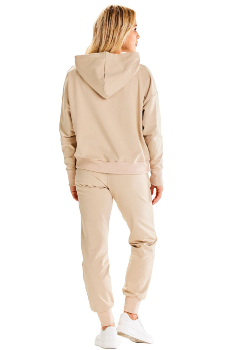 Bluza damska dresowa luźna z kapturem kieszeń kangurka bawełniana beżowa M318 Bluza damska dresowa luźna z kapturem kieszeń kangurka bawełniana beżowa M318