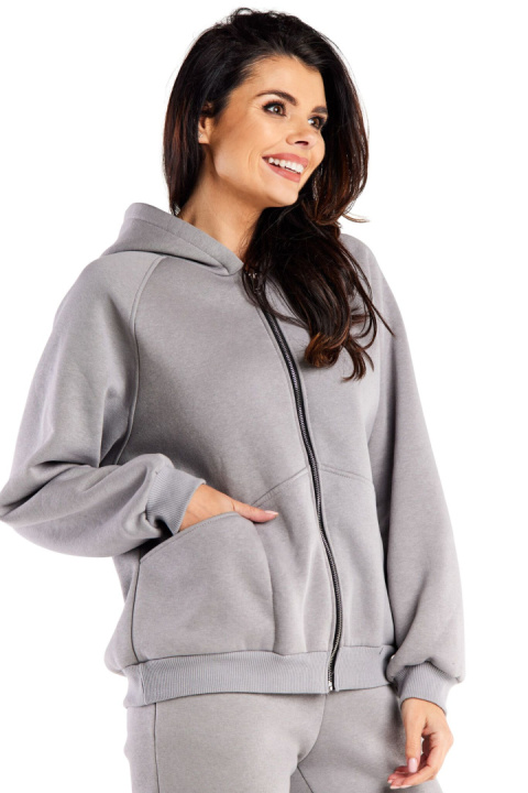 Bluza damska dresowa rozpinana z kapturem i kieszeniami luźna szara M324 Bluza damska dresowa rozpinana z kapturem i kieszeniami luźna szara M324