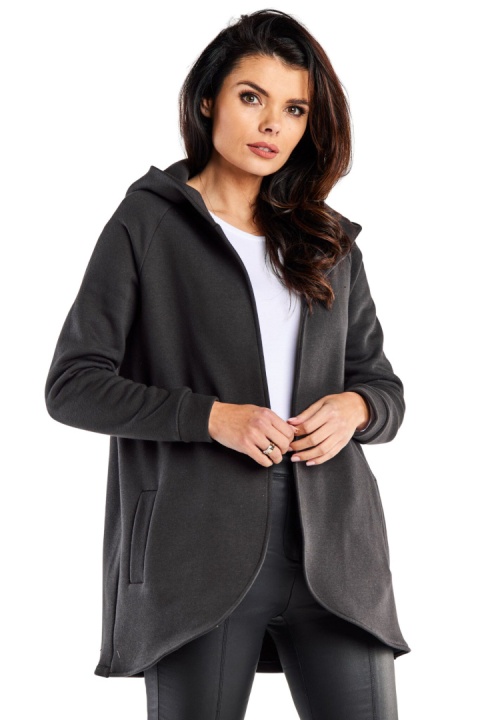 Bluza damska dresowa luźna bez zapięcia z kapturem i kieszeniami grafitowa M327 Bluza damska dresowa luźna bez zapięcia z kapturem i kieszeniami grafitowa M327